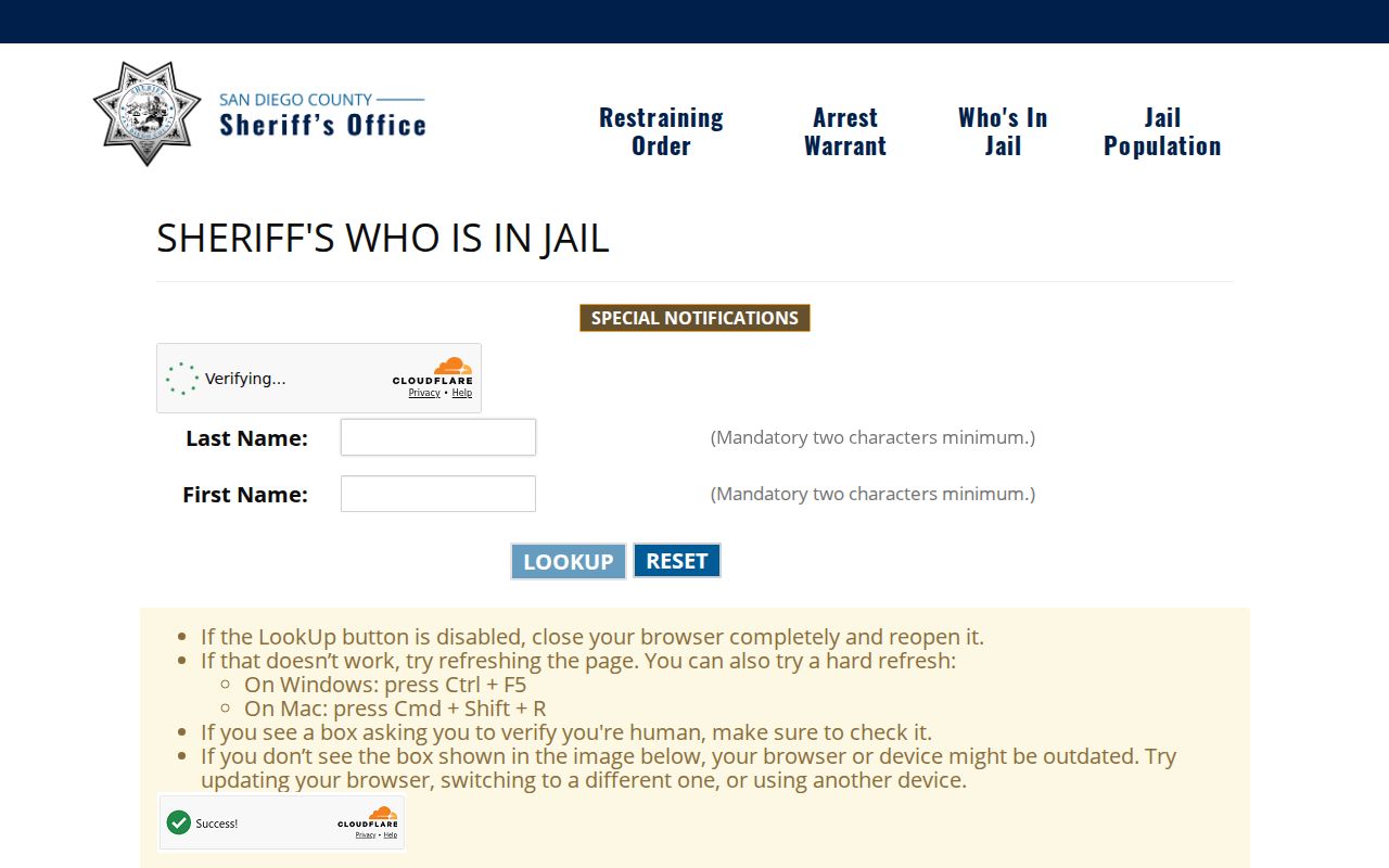 San Diego County Sheriff Who's In Jail name search screen