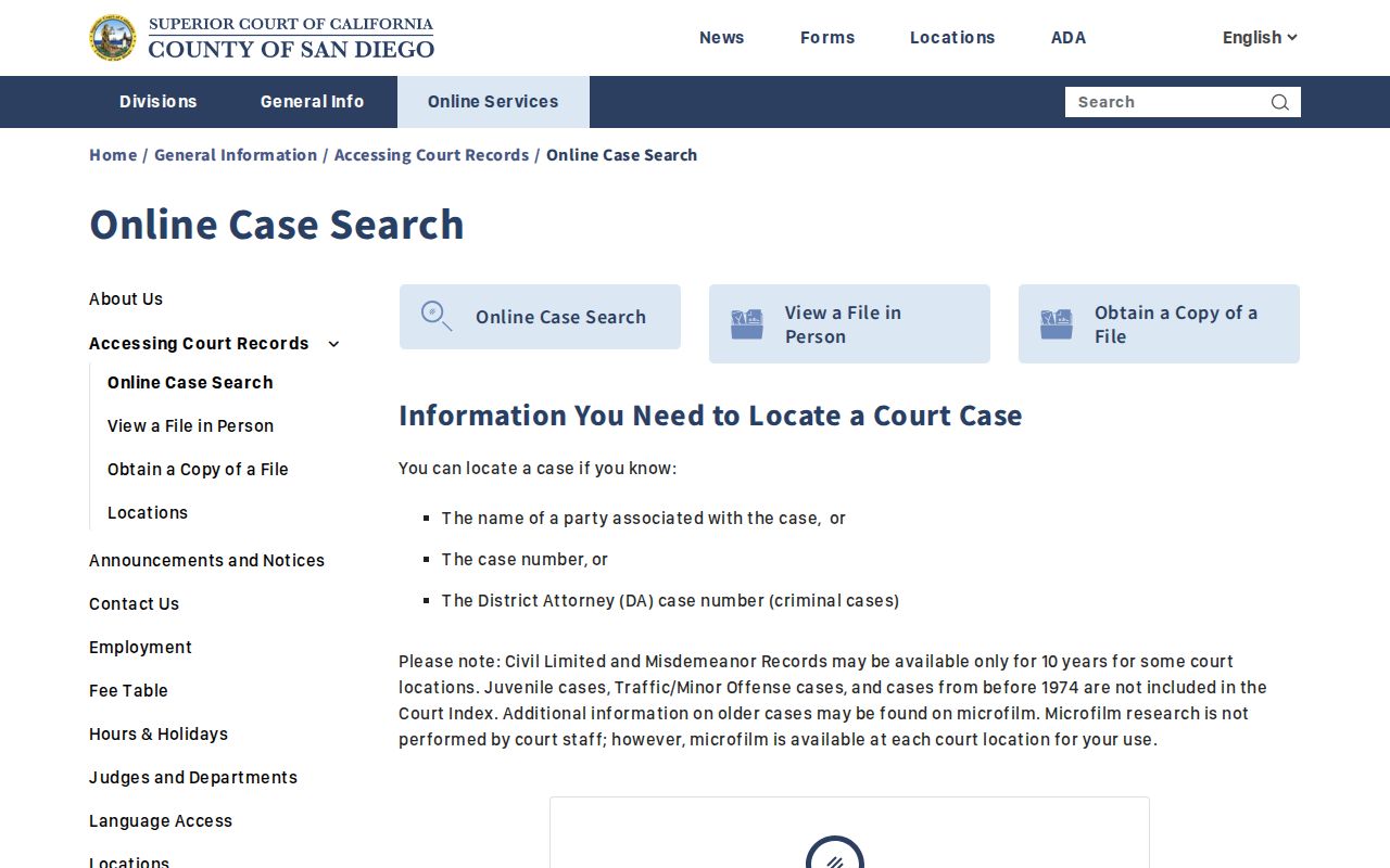 San Diego Superior Court online case search information
