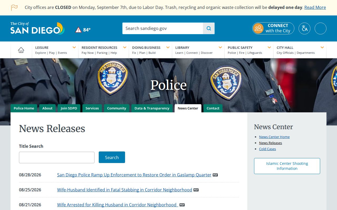 San Diego Police Department News Center release page