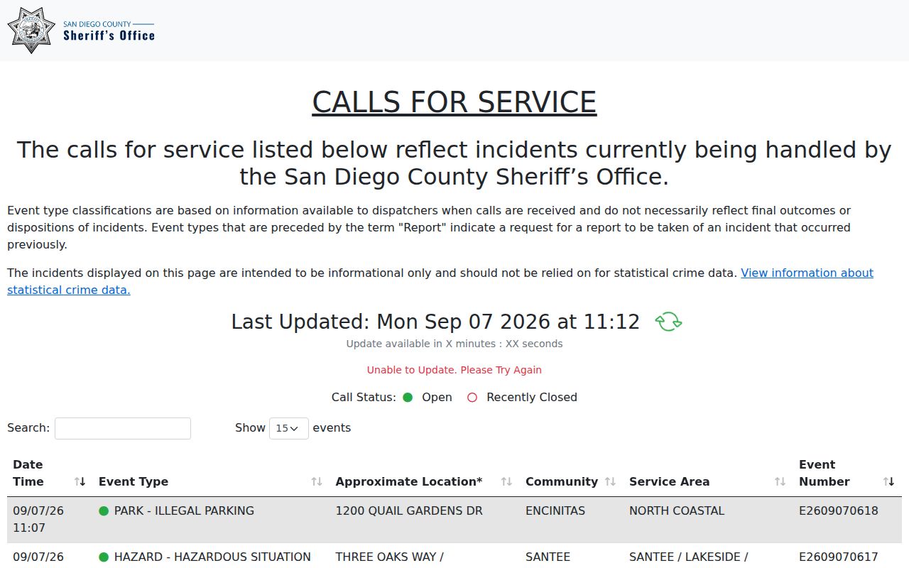 San Diego County Sheriff Calls for Service interface