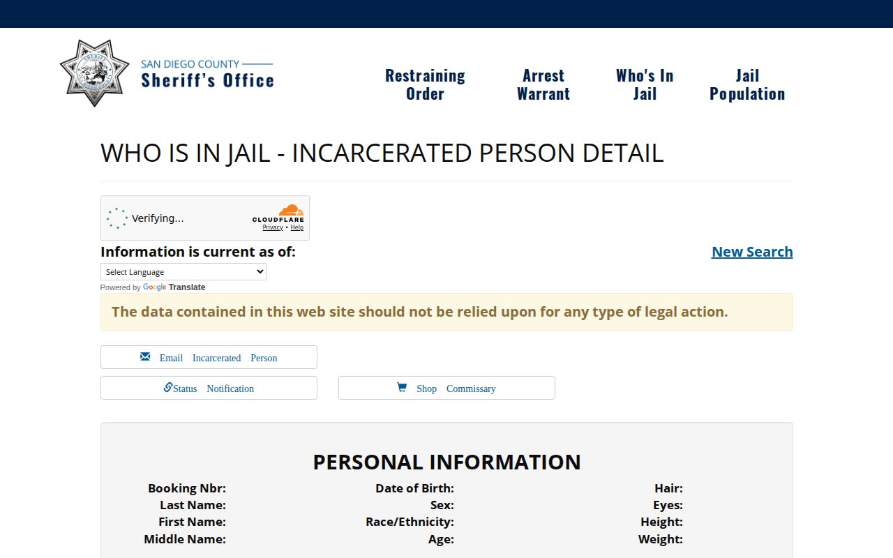 San Diego County Who's In Jail detail-page field layout