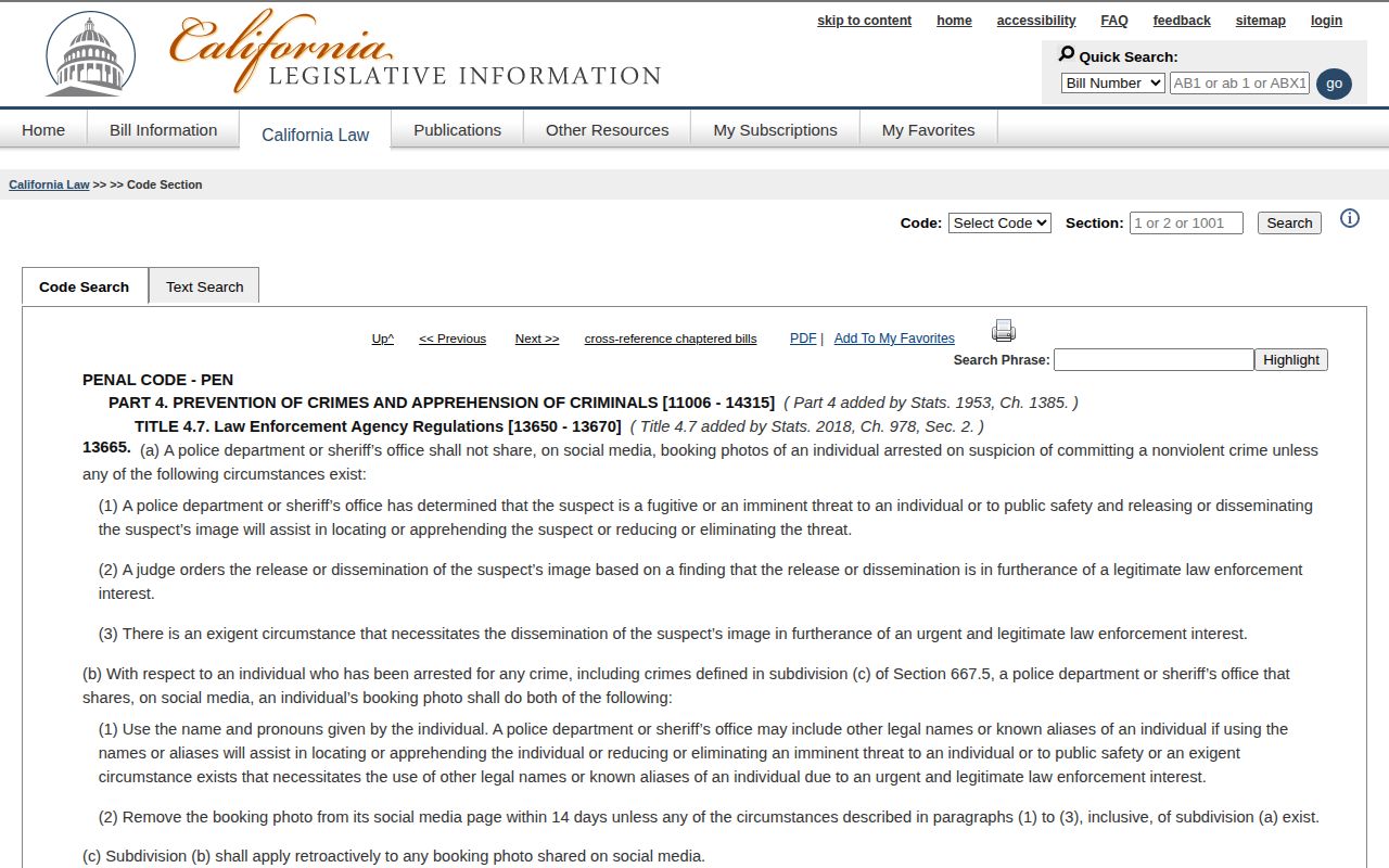 California Legislature Penal Code section 13665 booking-photo restrictions