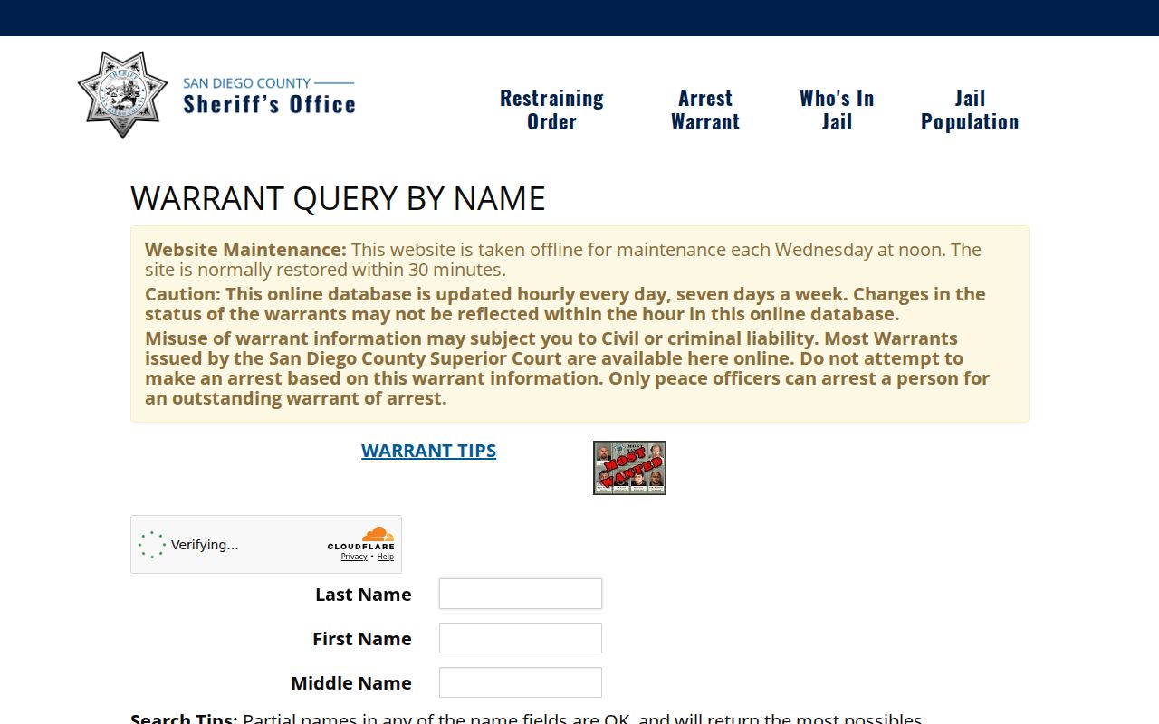 San Diego County Sheriff official warrant search portal