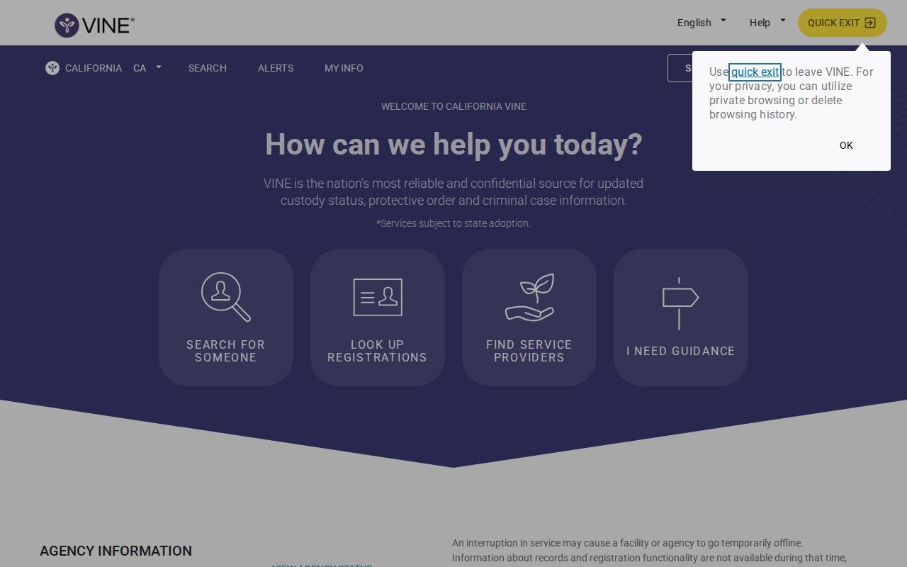 VINELink California custody search interface