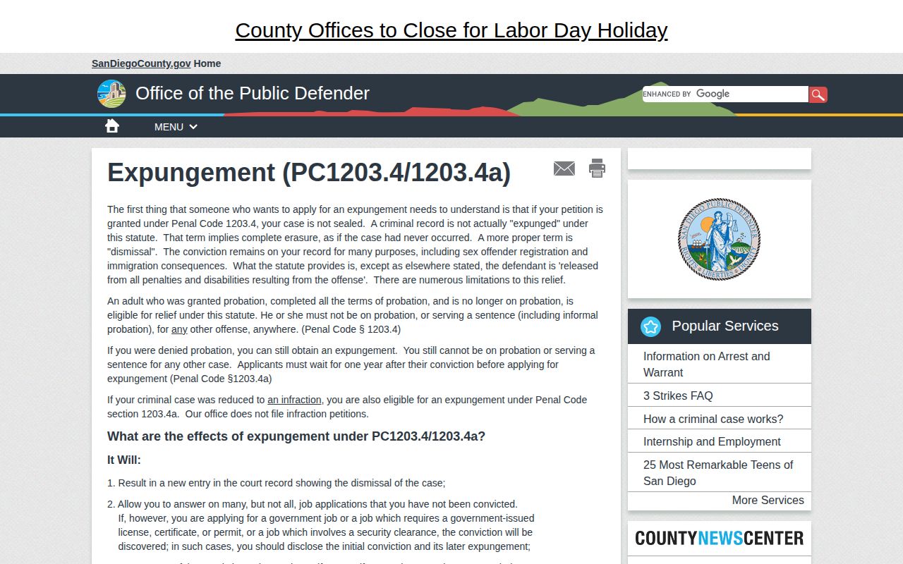 San Diego County Public Defender expungement information page